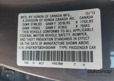 2013 Honda Civic Lx from USA, damaged, VIN 2HGFB2F58DH593449